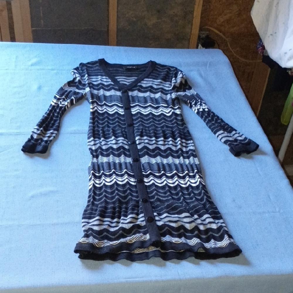 Spense Black and White Striped Knit Cardigan Dress